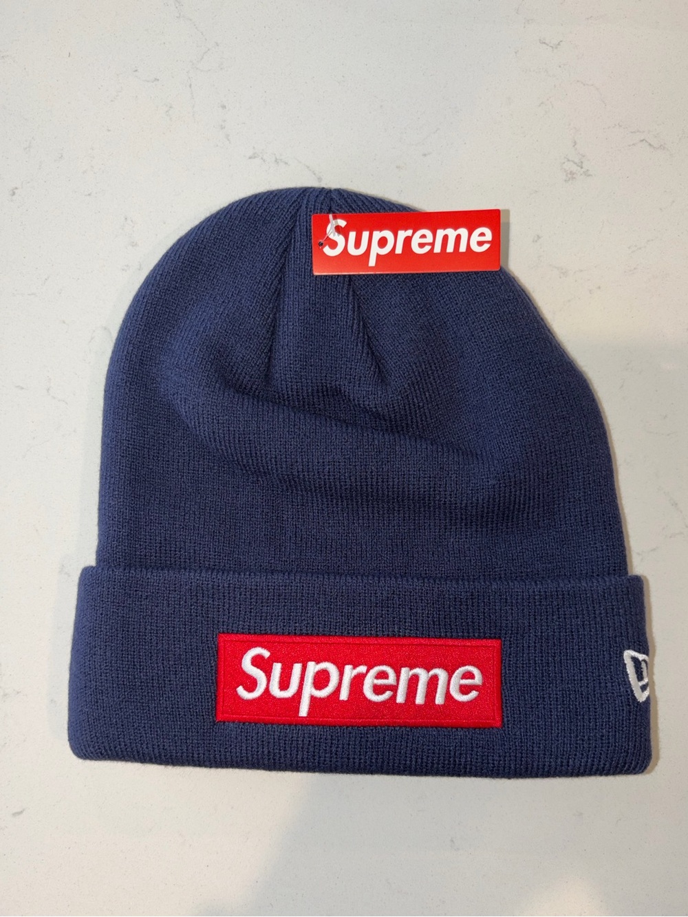 Supreme Navy Beanie with Red Box Logo